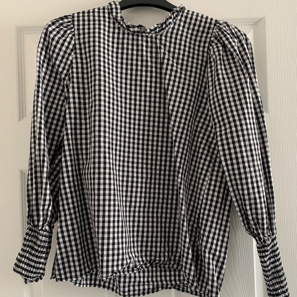Zara High Neck Ruffle Puff Sleeve Gingham Top